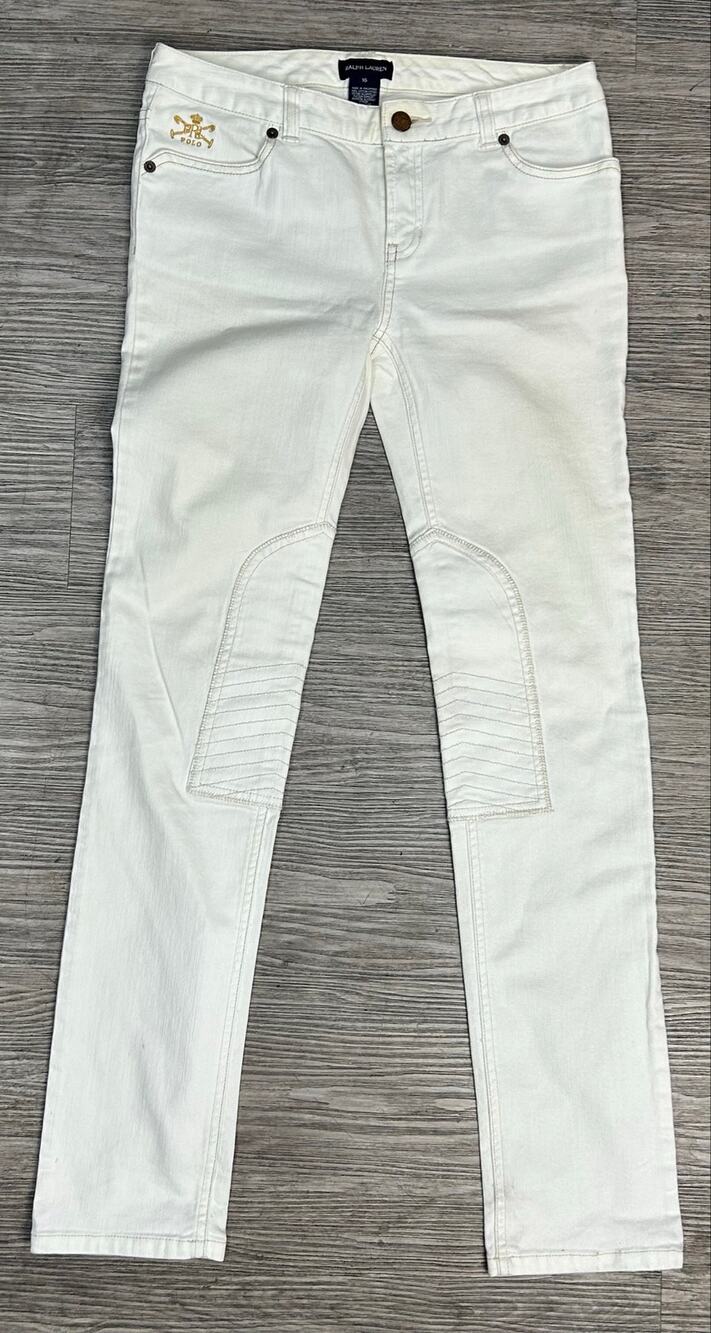 Ralph Lauren Girls Sz 16 White Equestrian Riding Jeans PRL Gold Logo Knee Patch